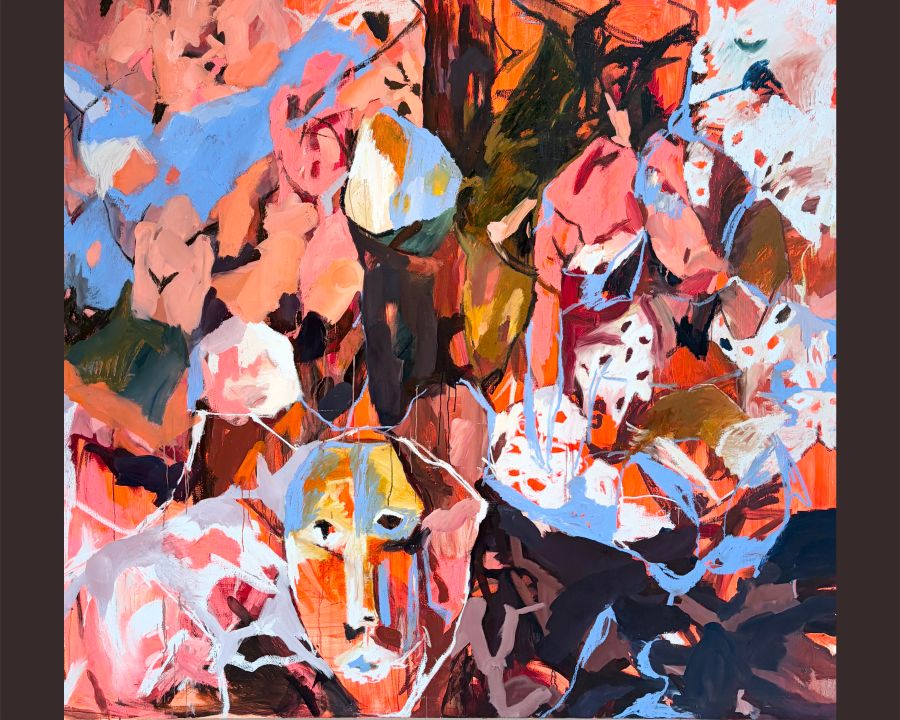 an abstract oil painting in a range pinks, oranges, blues, browns, and earth tones