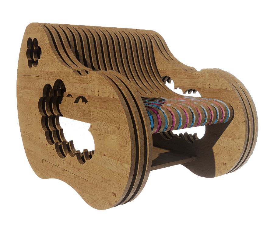 Chair made of stacked wooden panels with rounded sides and cut-out armrests. Colorful fabric detailing runs across the seat.