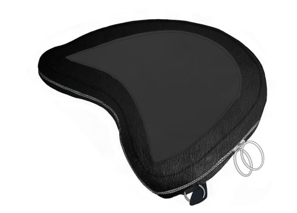 Close-up view of black curved bag, designed to lay on a lap. A zipper around the bag’s outer edge has two large metal zipper rings and an external attachment loop on the side.