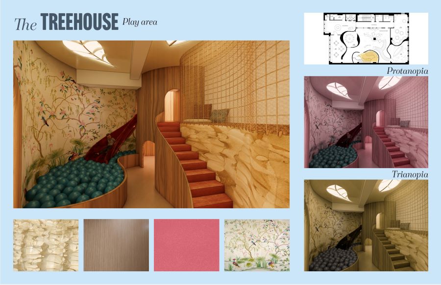 Design board titled “The Treehouse Playroom,” showing a rendering of an indoor play area with stairs, a ball pit, and patterned walls. Along the right are smaller images with a map indicating the room’s location. Along the bottom are material and color samples.