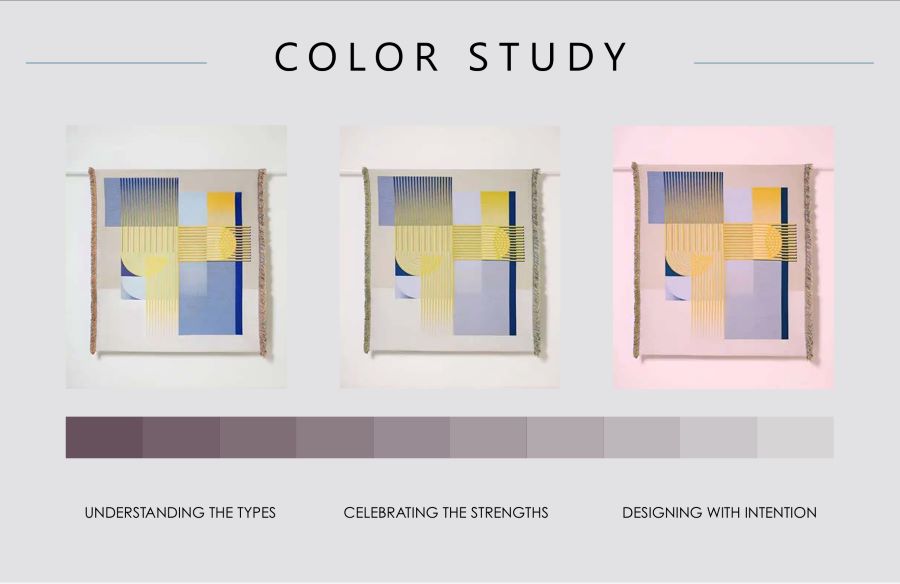 Graphic titled “Color Study,” showing three abstract geometric artworks side by side, with a horizontal gradient bar below ranging from dark to light shades. Text under the gradient reads: “Understanding the Types,” “Celebrating the Strengths,” and “Designing with Intention.”