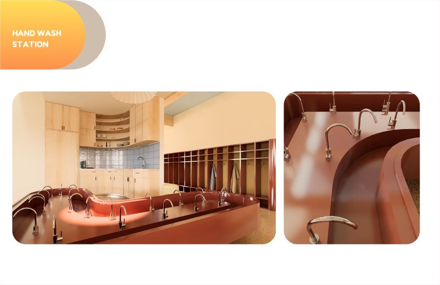 Design rendering labeled “Hand Wash Station,” showing a circular sink area with multiple faucets in a natural color room. On the right is a close-up view of the curved sink and curved faucets.