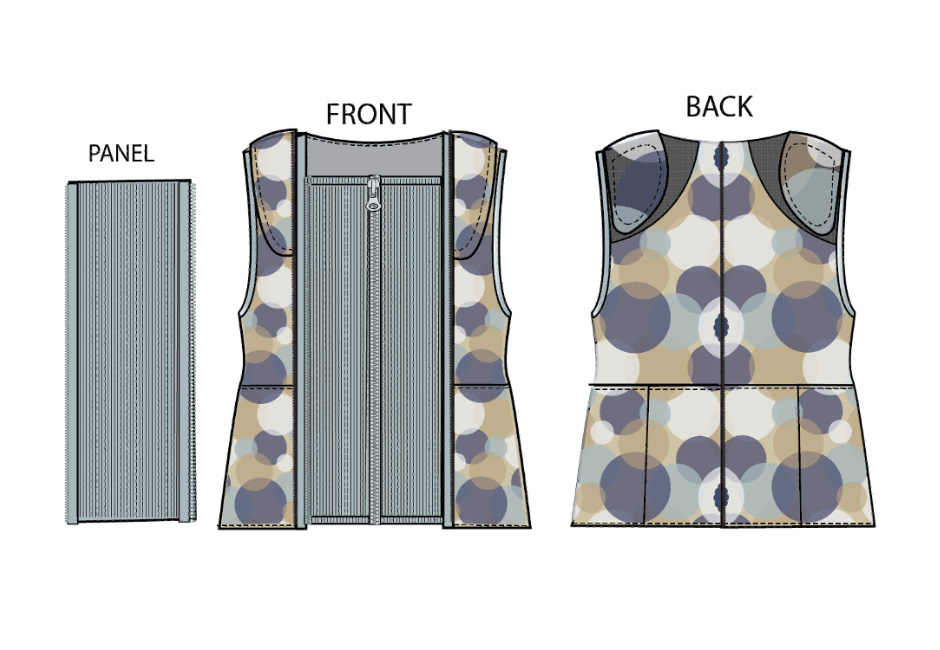 Two-dimensional pattern, detailing vest’s front, back, and compression panel.