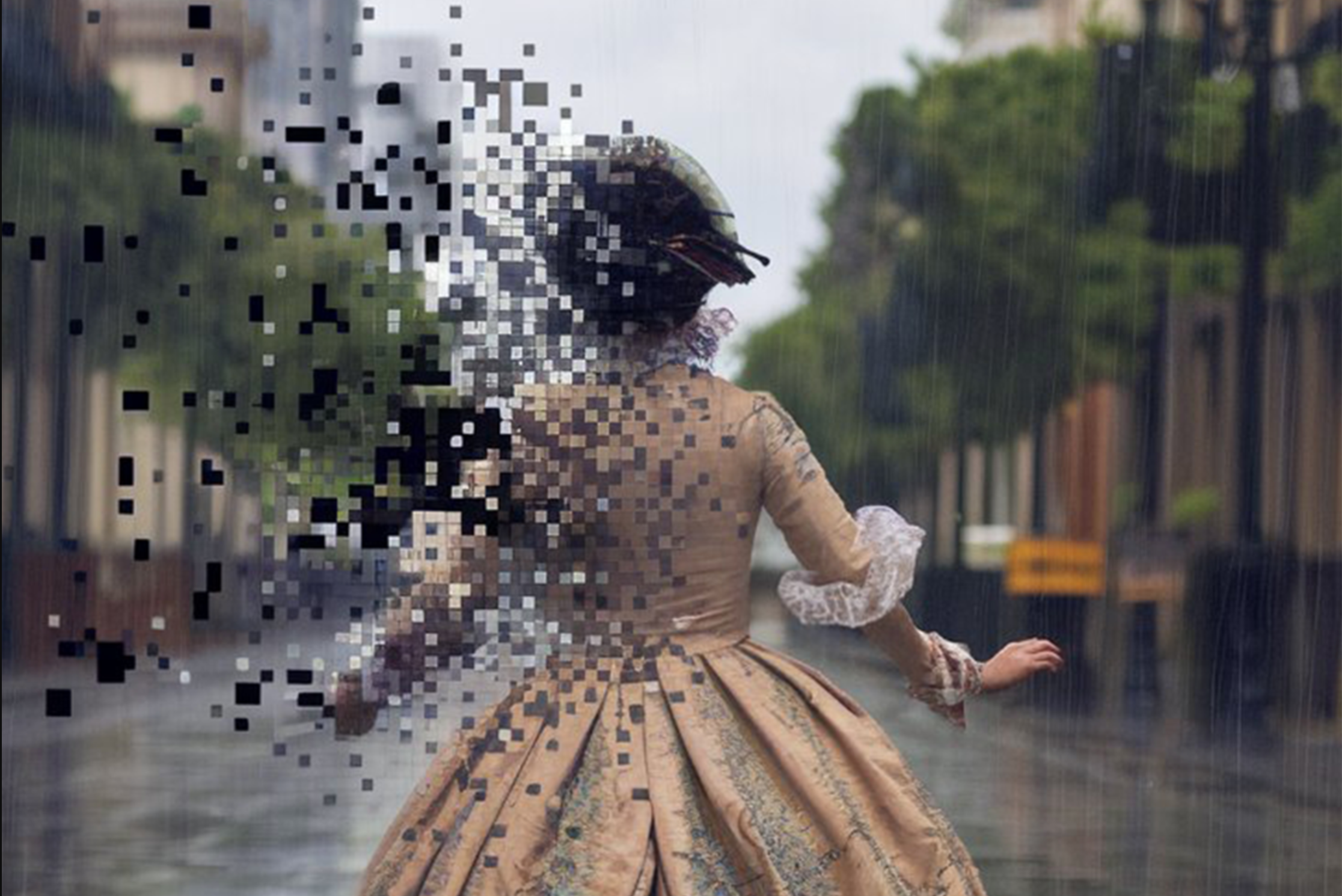An AI generated Image of a woman running away and breaking into pixels. 