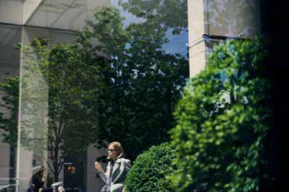 Green tree folliage dominates the image, some of it is captured directly, and some of it is reflected in the glass. Several figures, street lights, parts of the building and greenery reflect and refract creating a serene yet dynamic image.&nbsp;