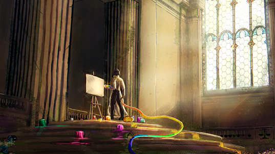 Interior of a building from antiquity, with a grand steps leading to a semicircular landing at the top. Large columns emphasizing the vastness of the space, the sunlight is streaming through the stained glass windows illuminating the scene. At the top of the stairs is an artist gazing at the blank canvas in front of him, his back to the viewer. Canisters of color paints are placed around the canvas and the stairwell, the artist is holding what seems to be a palette in his left hand, and a hose like multicolored implement in his right hand. 