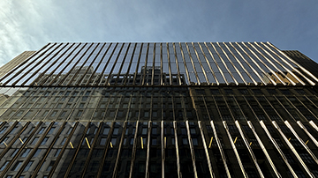 Facade of the new academic building - glass tinted brown windows 