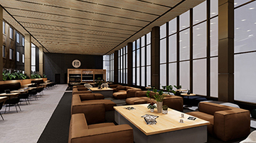 Image of the tables and chairs in the Student Commons area of the building
