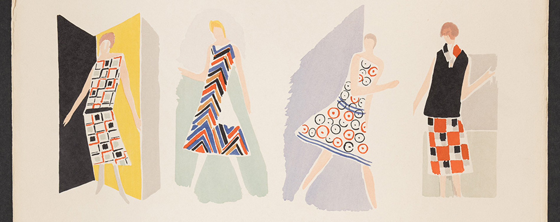 illustration of 4 women wearing multicolor, geometric patterned outfits