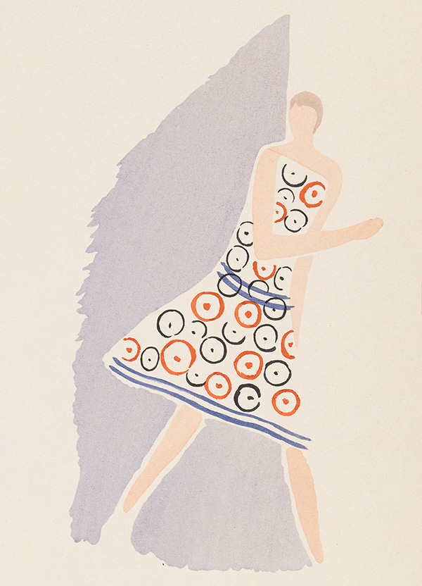 illustration of a feminine figure wearing a sleeveless white dress with orange and navy blue circles